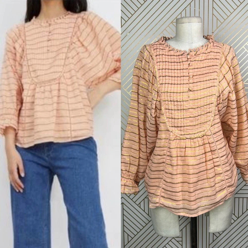 Apiece Apart Cala Bib Top Blouse Metallic Striped Peach Pink Gold Size US 0